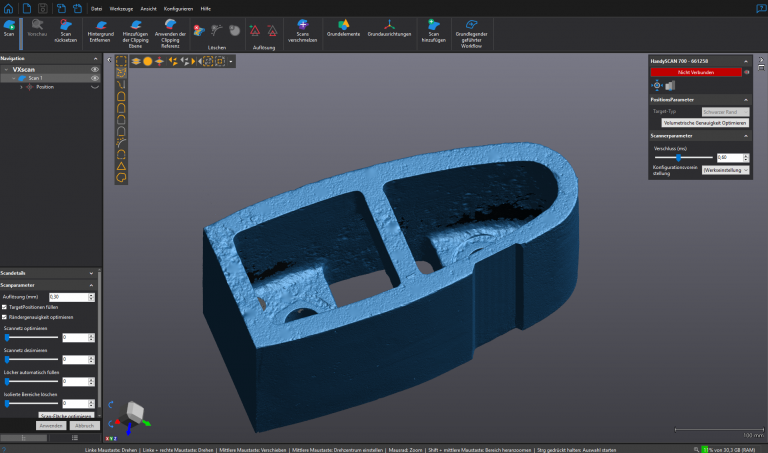 在 VXelements 中对填充件的横截面进行蓝色扫描渲染